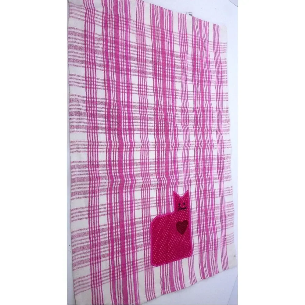 Vintage Pink Plaid Gingham Cat Reversible Tea Hand Towel Cottagecore Applique